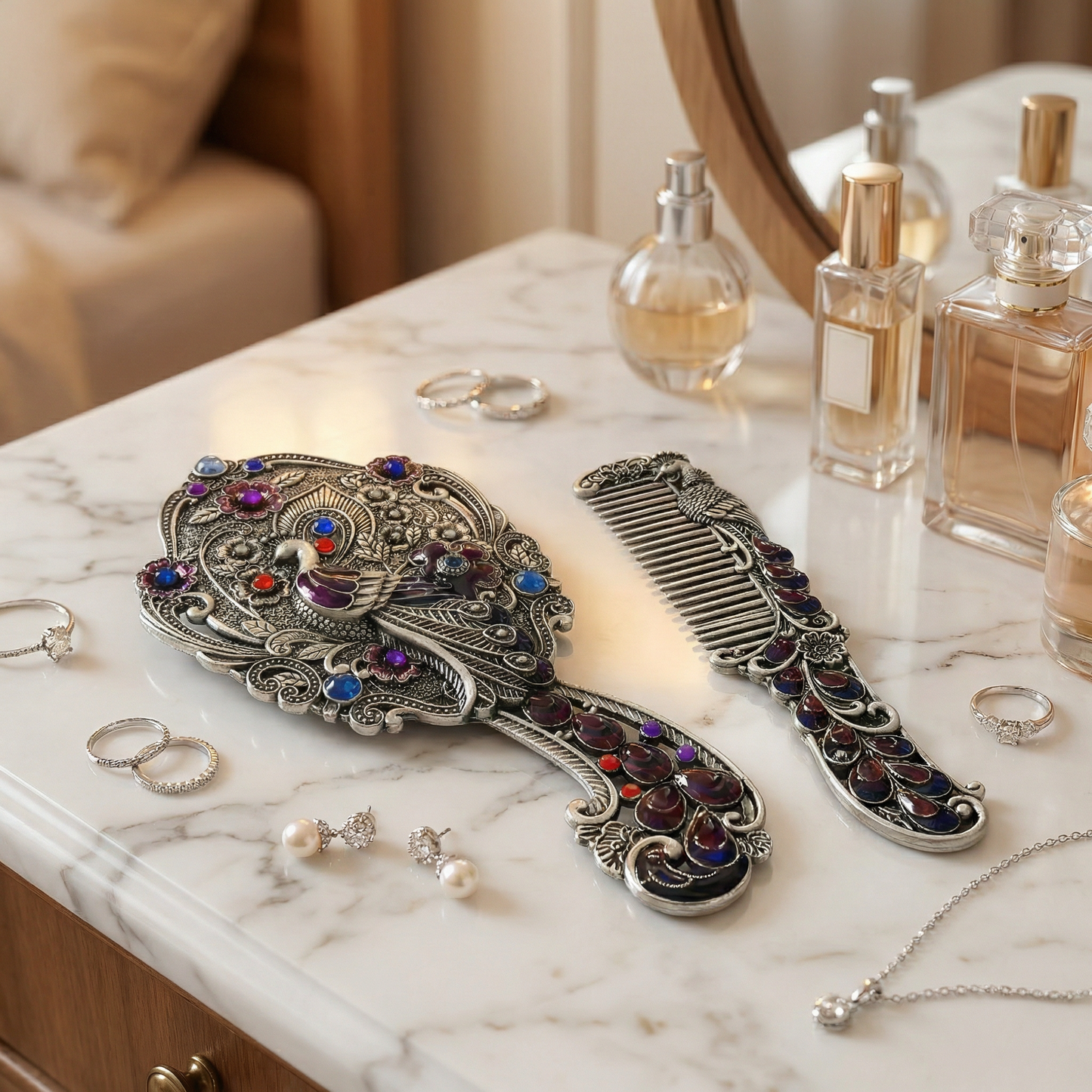 Peacock Mirror and Comb Set | Metal Vanity Gift Set in Silver Bronze or Gold | Red Gift Box