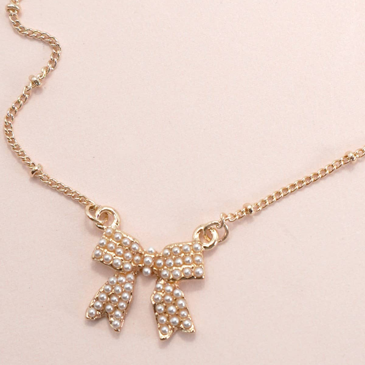 Pearl Coquette Bow Charm Ball Chain Necklace in Gold Plating | 16" Long