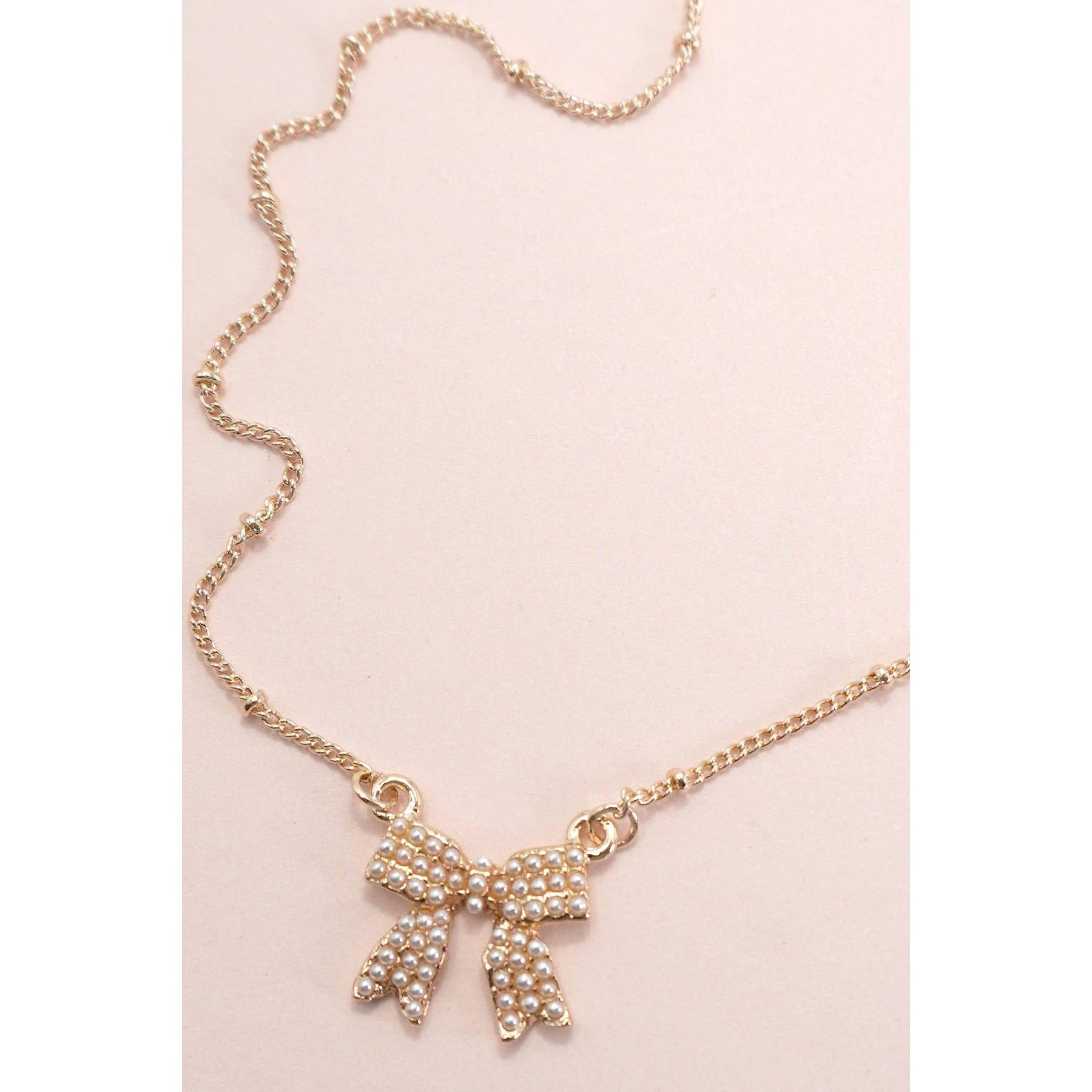 Pearl Coquette Bow Charm Ball Chain Necklace in Gold Plating | 16" Long