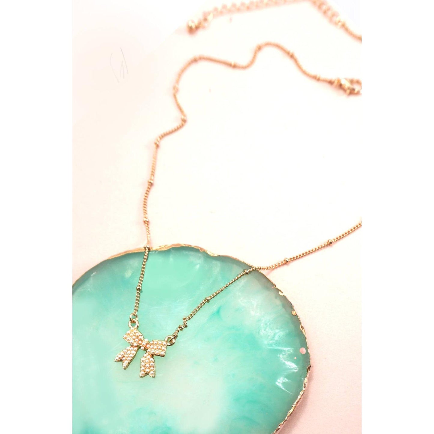 Pearl Coquette Bow Charm Ball Chain Necklace in Gold Plating | 16" Long