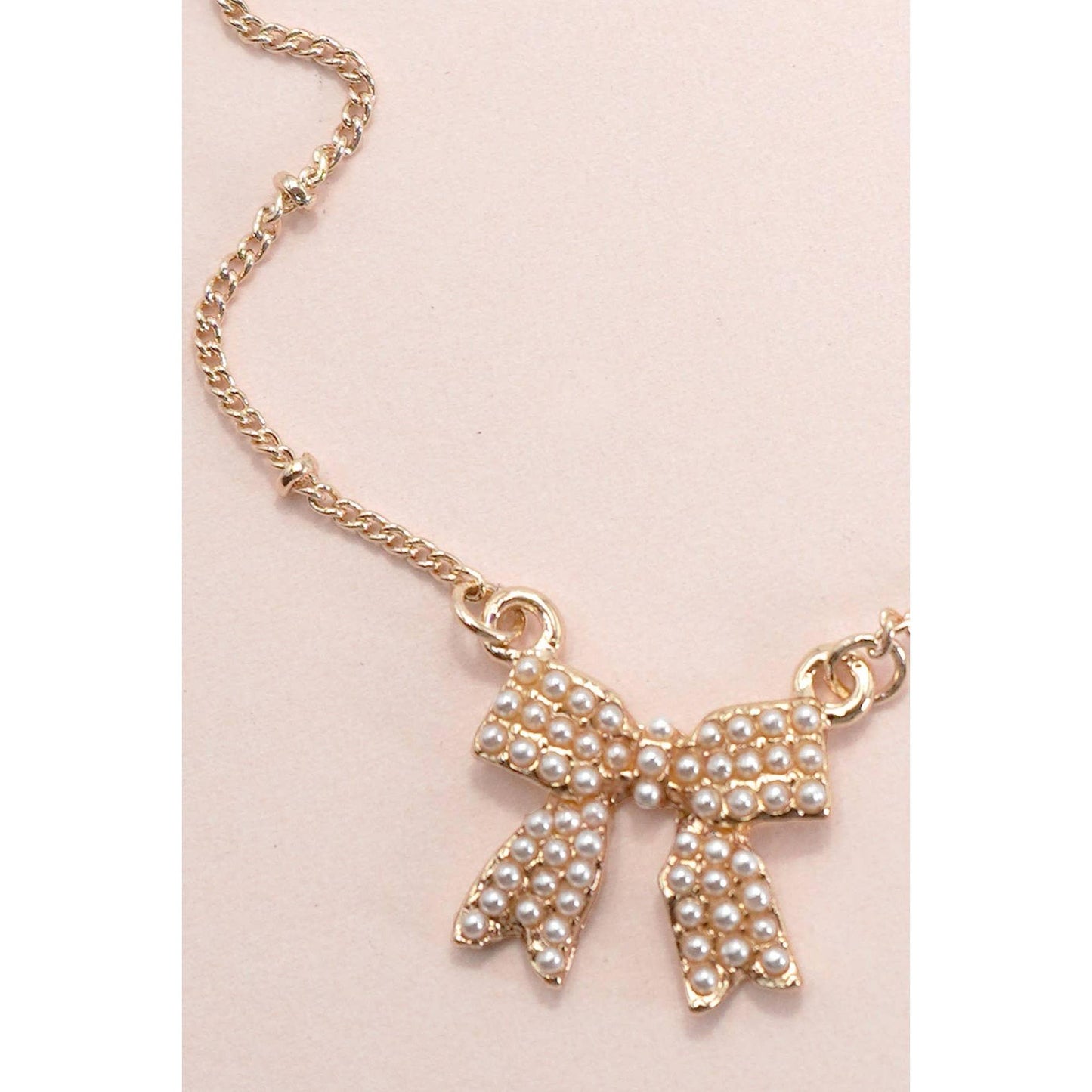 Pearl Coquette Bow Charm Ball Chain Necklace in Gold Plating | 16" Long