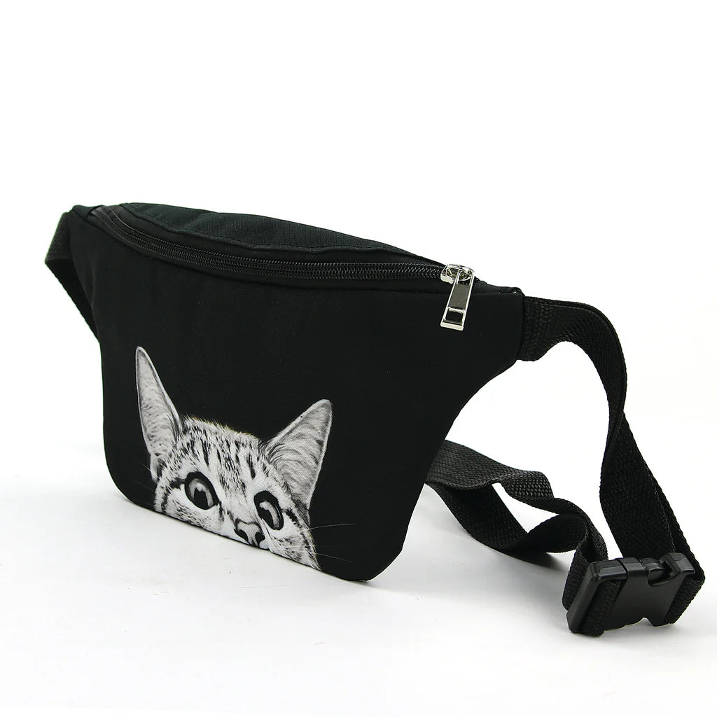Peeking Cat Fanny Pack in Black | Animal Print Belt Waist Bum Bag