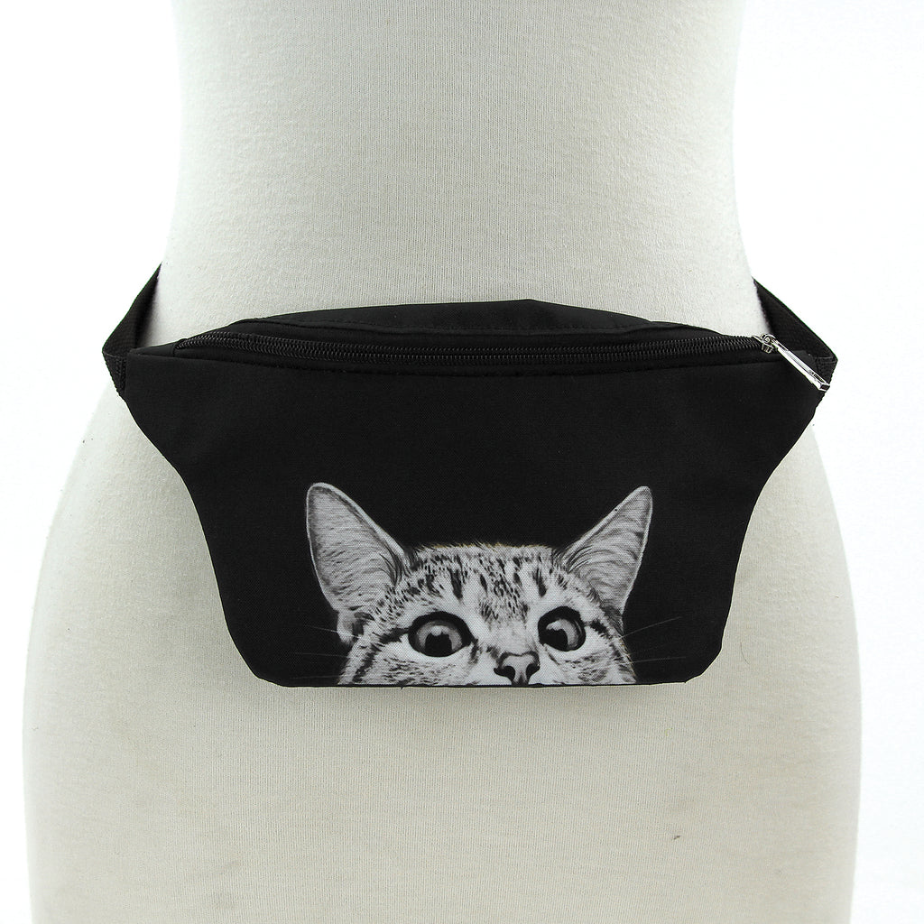 Peeking Cat Fanny Pack in Black | Animal Print Belt Waist Bum Bag