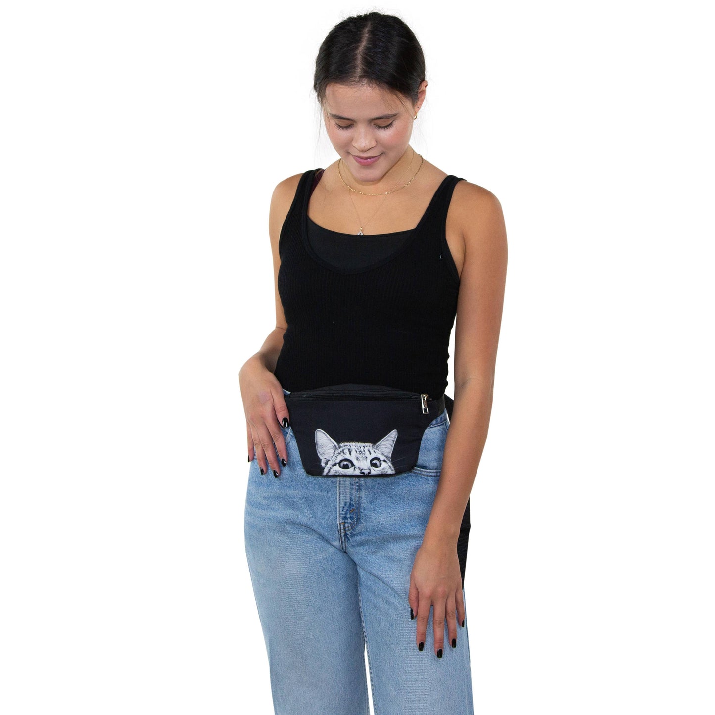 Peeking Cat Fanny Pack in Black | Animal Print Belt Waist Bum Bag