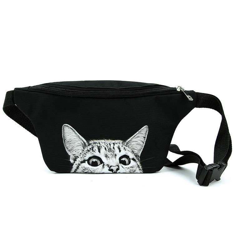 Peeking Cat Fanny Pack in Black | Animal Print Belt Waist Bum Bag