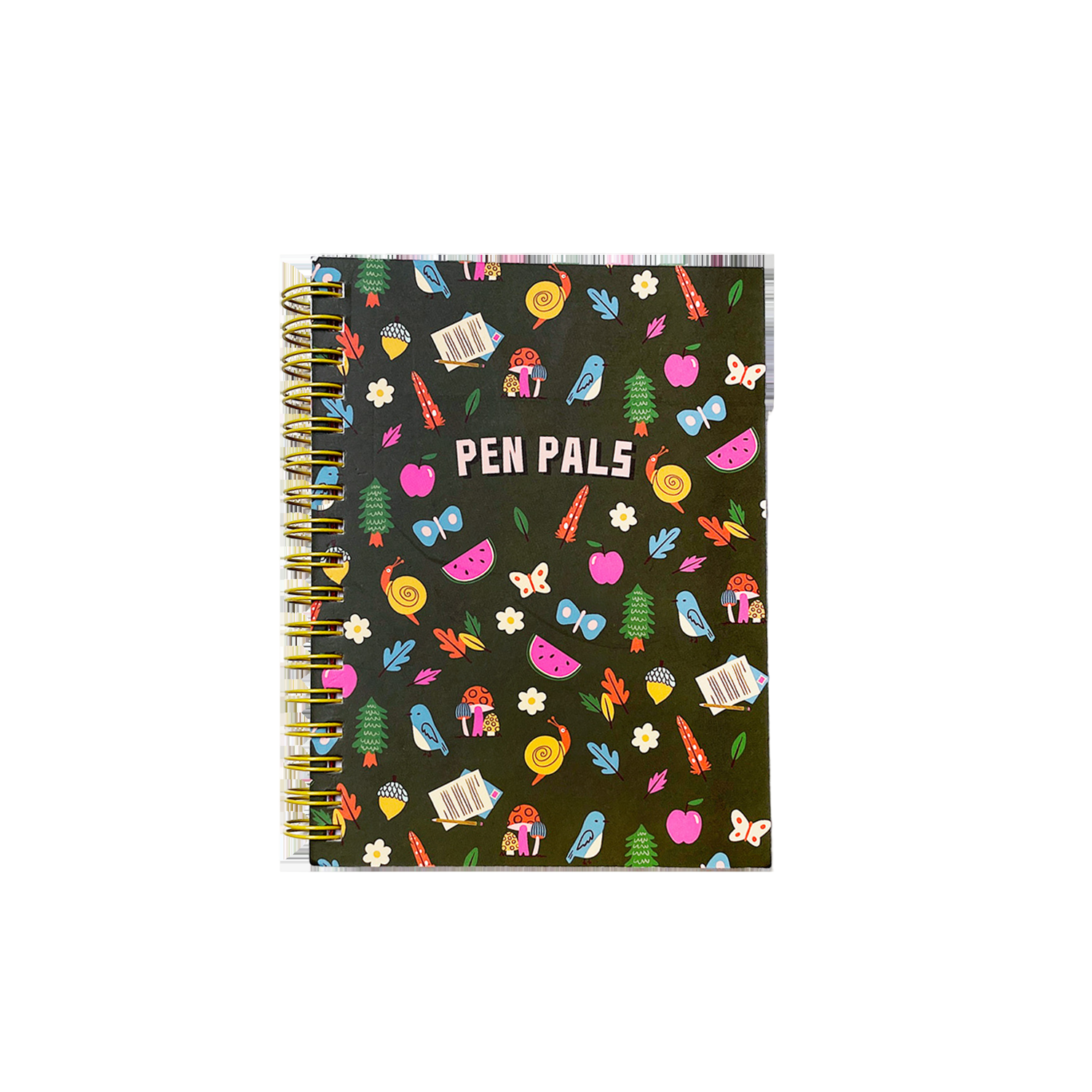 Notebook with colorful illustrations and 'Pen Pals' text on a black background