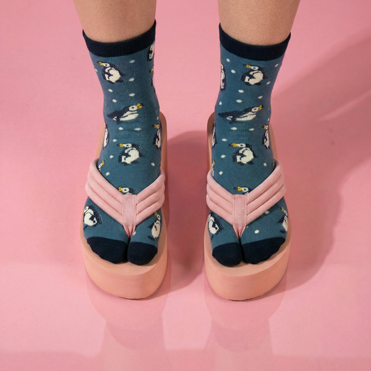 Penguin Split Toe Tabi Socks in Blue | Big Toe Flip Flop Cute Penguin Novelty Crew Socks