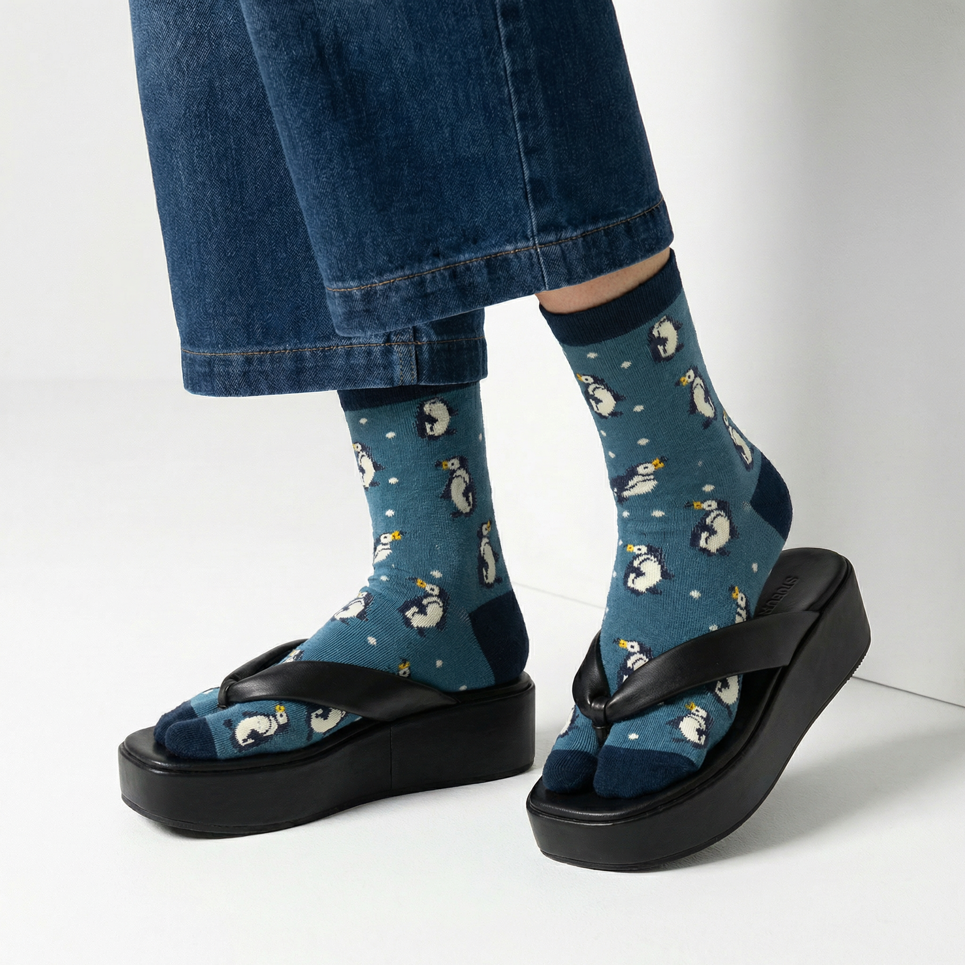 Penguin Split Toe Tabi Socks in Blue | Big Toe Flip Flop Cute Penguin Novelty Crew Socks