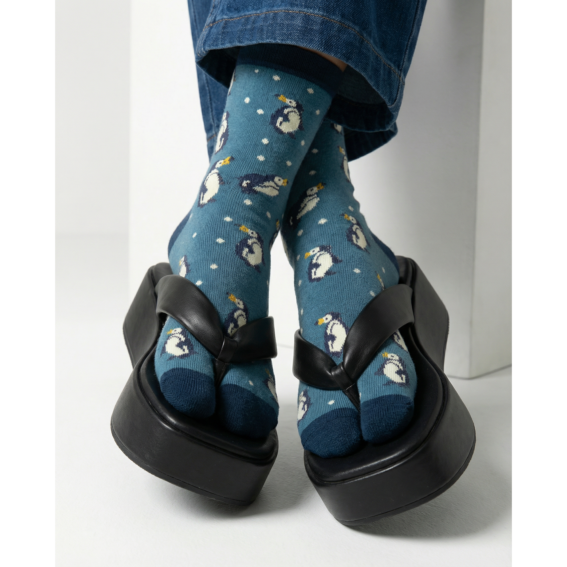 Penguin Split Toe Tabi Socks in Blue | Big Toe Flip Flop Cute Penguin Novelty Crew Socks