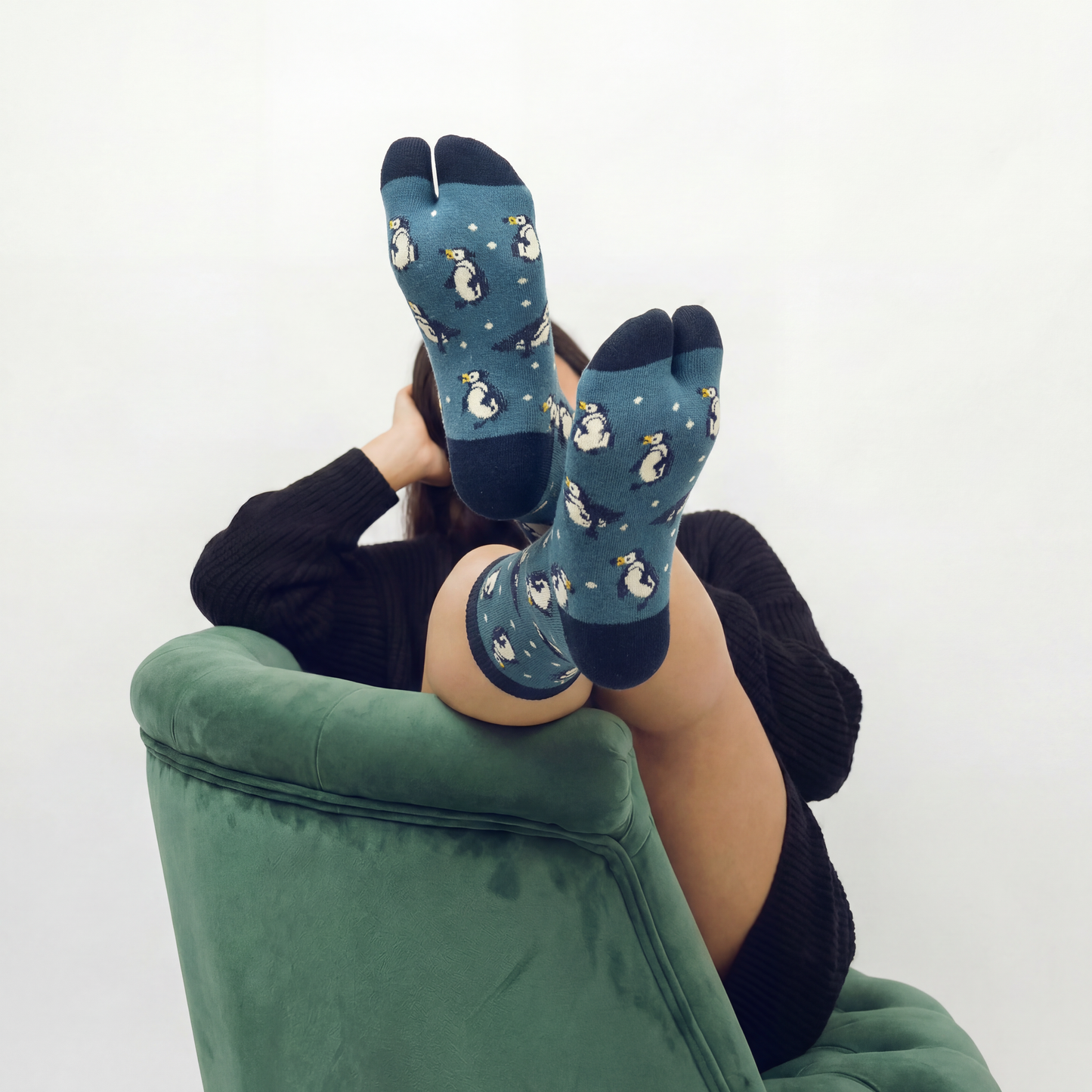 Penguin Split Toe Tabi Socks in Blue | Big Toe Flip Flop Cute Penguin Novelty Crew Socks