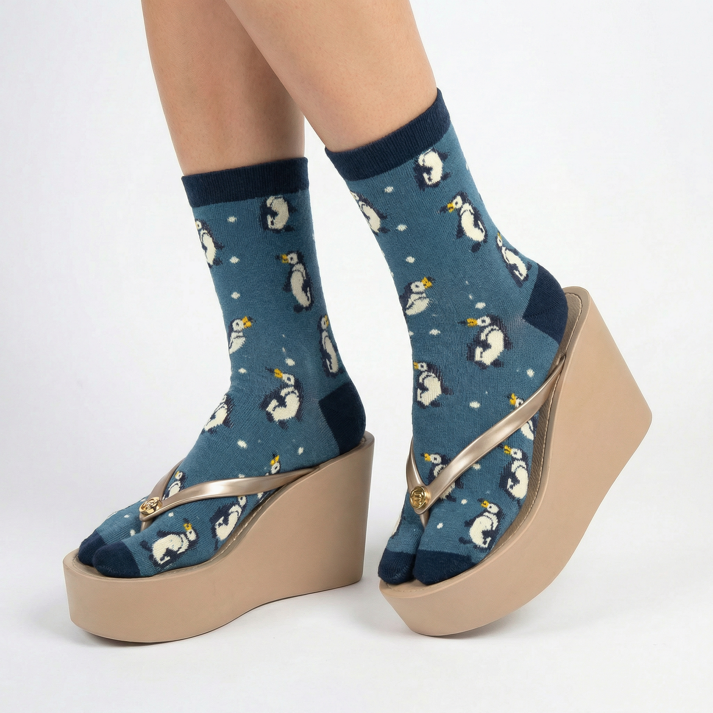 Penguin Split Toe Tabi Socks in Blue | Big Toe Flip Flop Cute Penguin Novelty Crew Socks
