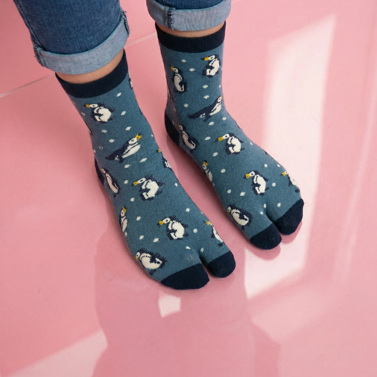 Penguin Split Toe Tabi Socks in Blue | Big Toe Flip Flop Cute Penguin Novelty Crew Socks