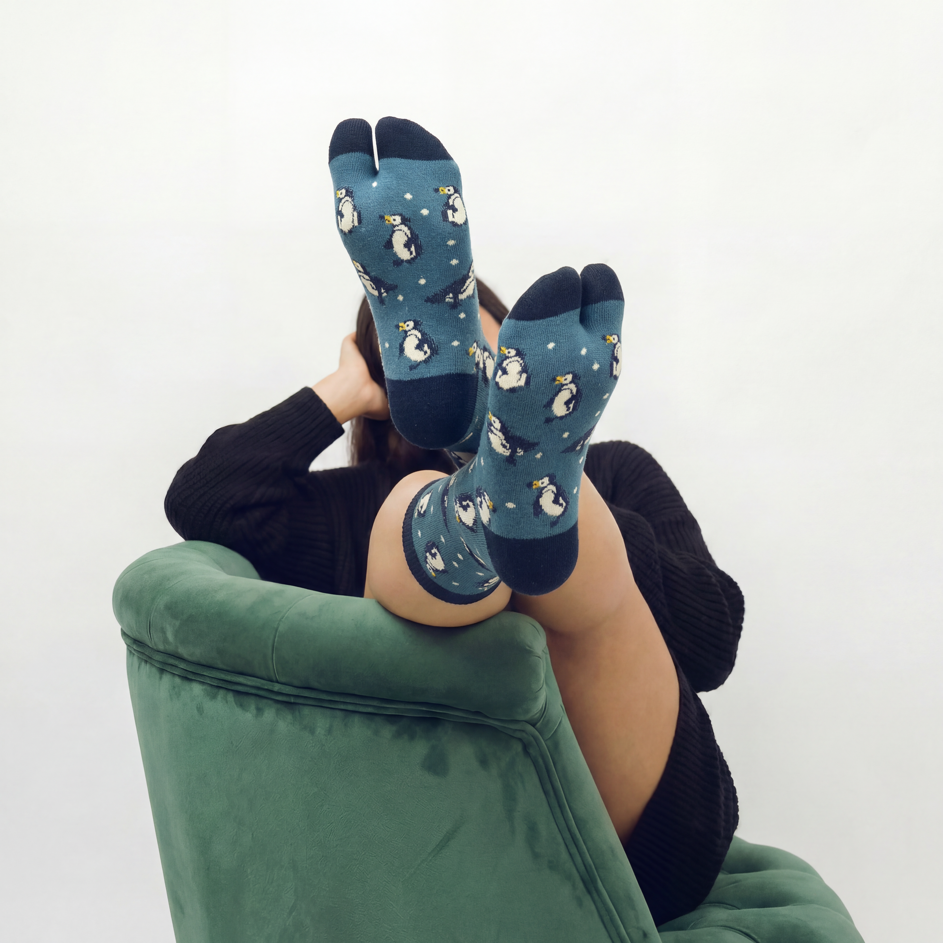 Penguin Split Toe Tabi Socks in Blue | Big Toe Flip Flop Cute Penguin Novelty Crew Socks