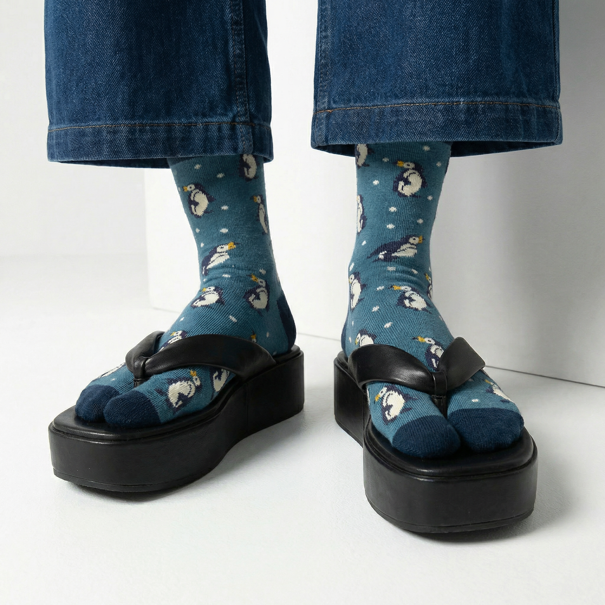 Penguin Split Toe Tabi Socks in Blue | Big Toe Flip Flop Cute Penguin Novelty Crew Socks