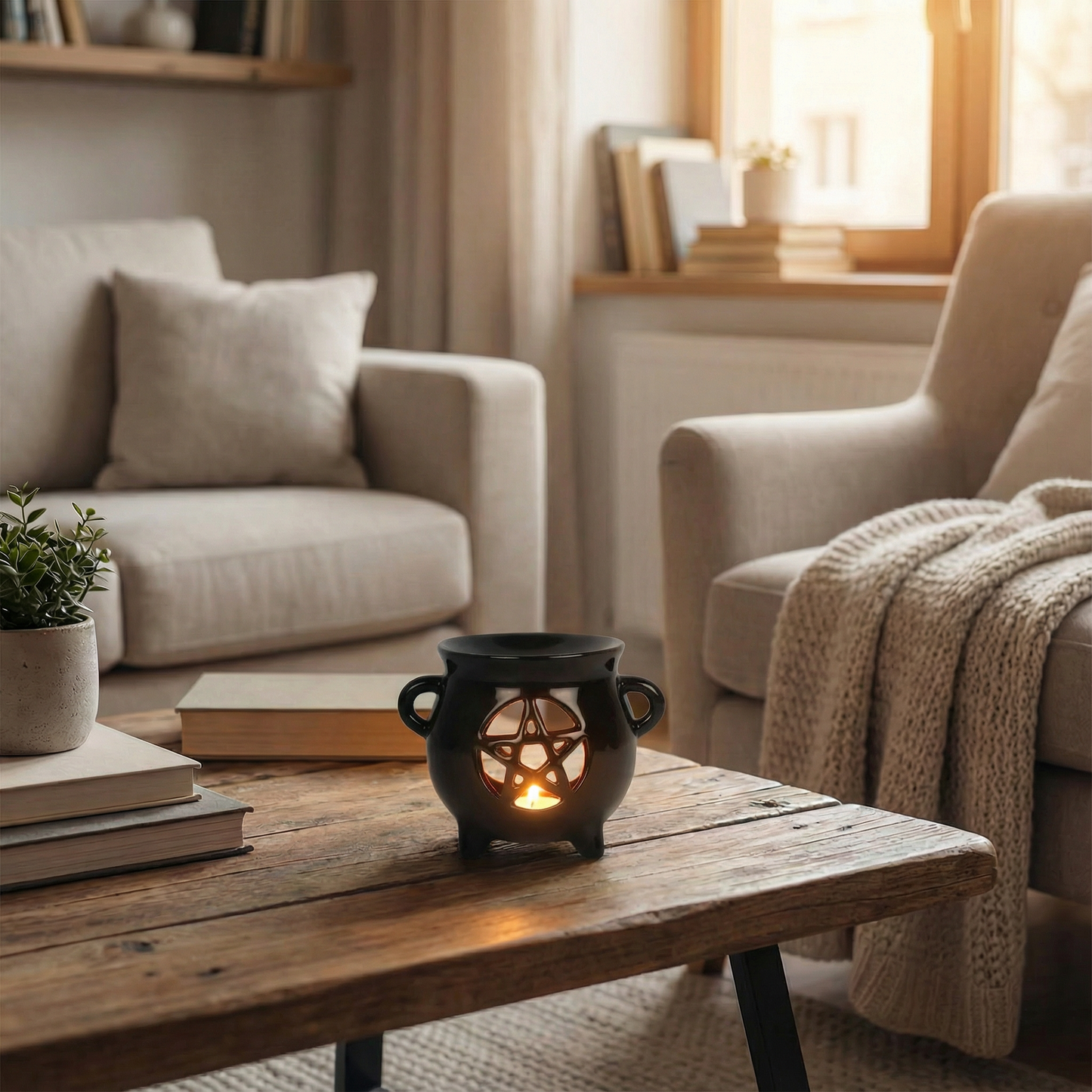 Pentagram Ceramic Cauldron Oil Burner | Aromatherapy Burner/Essential Oil Diffuser | 4'' x 5''