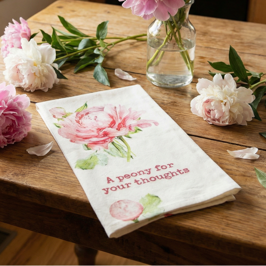 Peony For Your Thoughts Dish Cloth Towel | Cotten Linen Novelty Tea Towel | Cute Kitchen Hand Towel | 18" x 28"