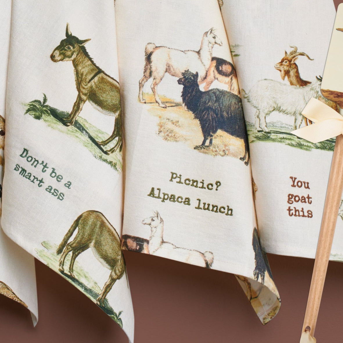 Picnic? Alpaca Our Lunch Dish Cloth Towel | Cotten Linen Novelty Tea Towel | Embroidered Text | 18" x 28"