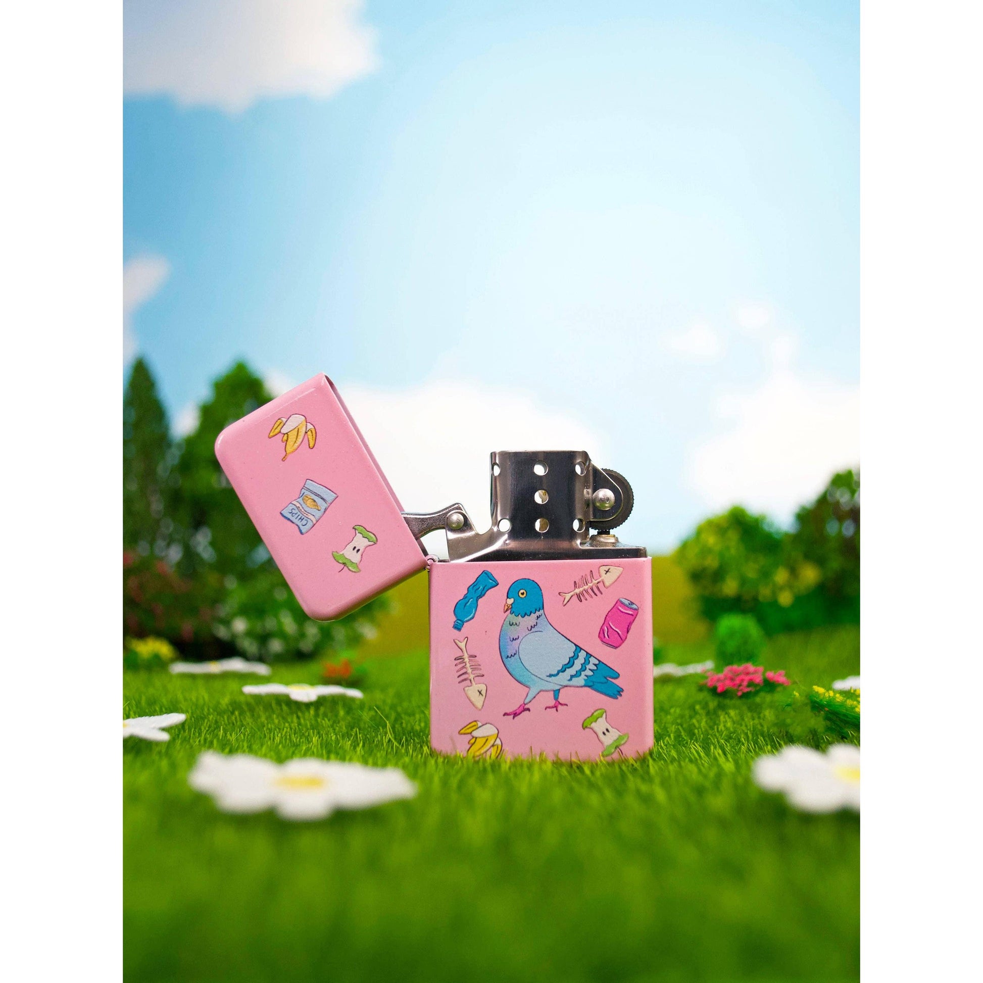 Pigeon with Trash Lighter in Pink | Refillable Cigarette Pocket Igniter
