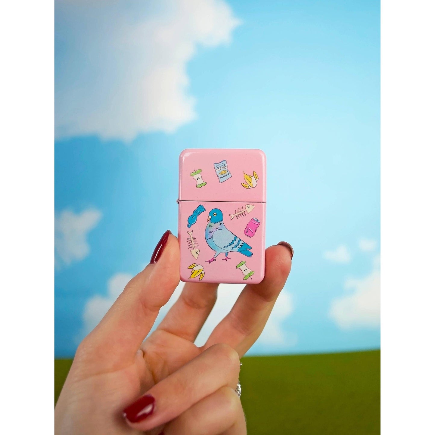 Pigeon with Trash Lighter in Pink | Refillable Cigarette Pocket Igniter