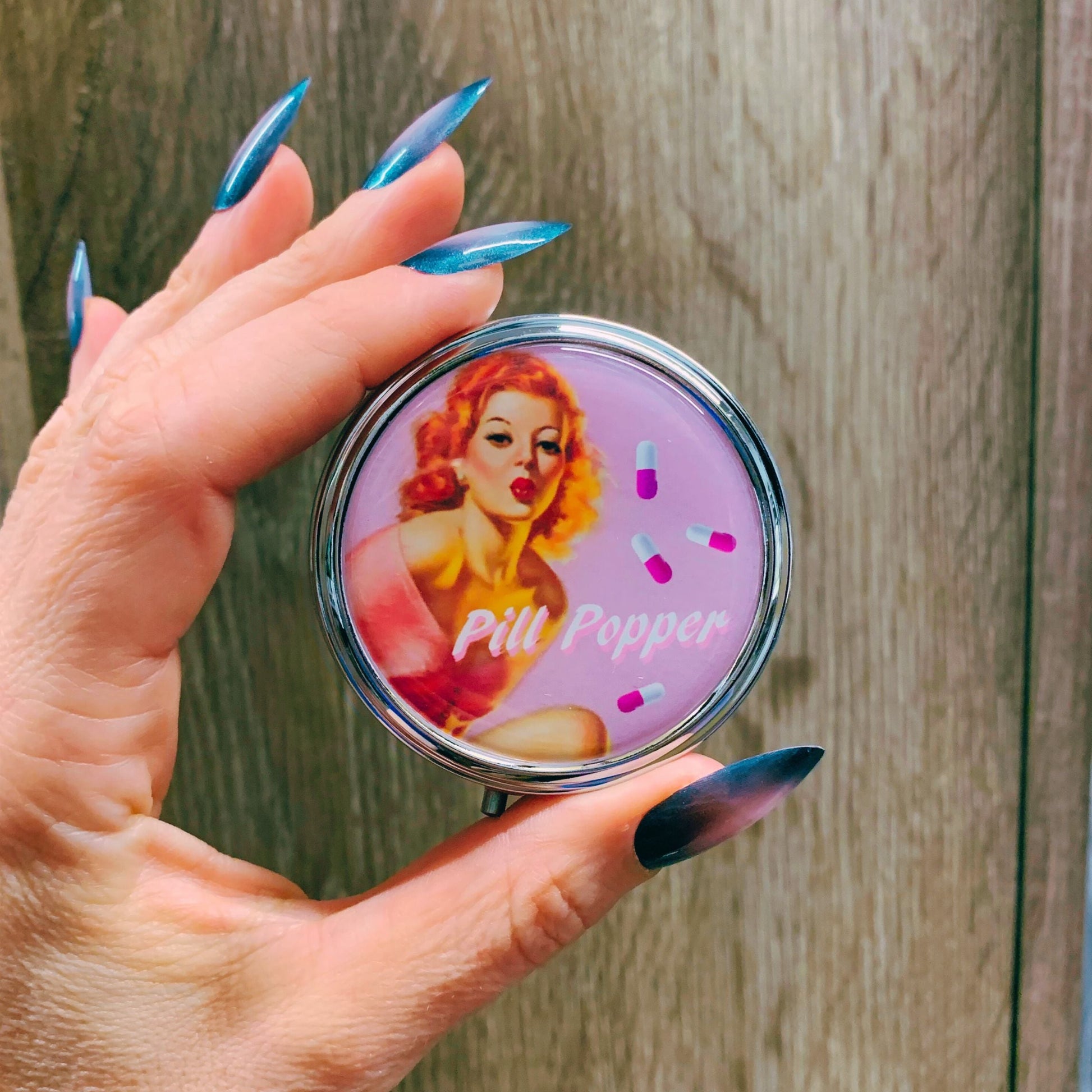 Pill Popper Pill Box | Handmade 2.25" Round Pill Case | Retro Pinup Art 1950s