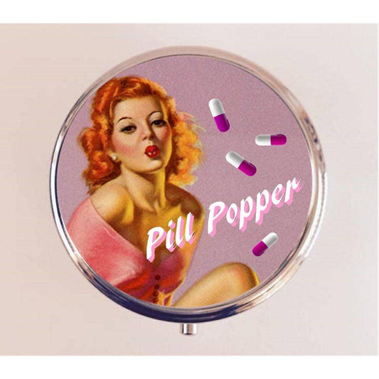 Pill Popper Pill Box | Handmade 2.25" Round Pill Case | Retro Pinup Art 1950s