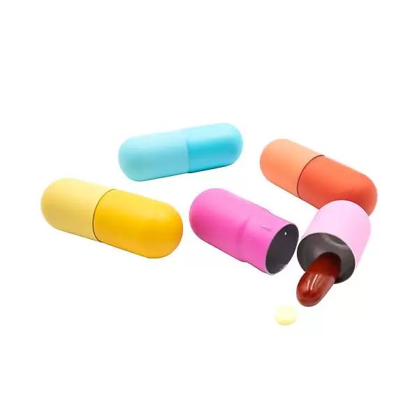 Pill-Shaped Pill Box in Bright Pastels | Aluminum Tin Container for Pills | 3/4" Diam. x 2-1/2" Tall