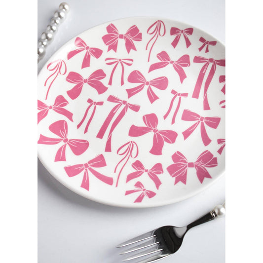 Pink Bow Dinner Plate | Ceramic Dish Tableware | 9"'