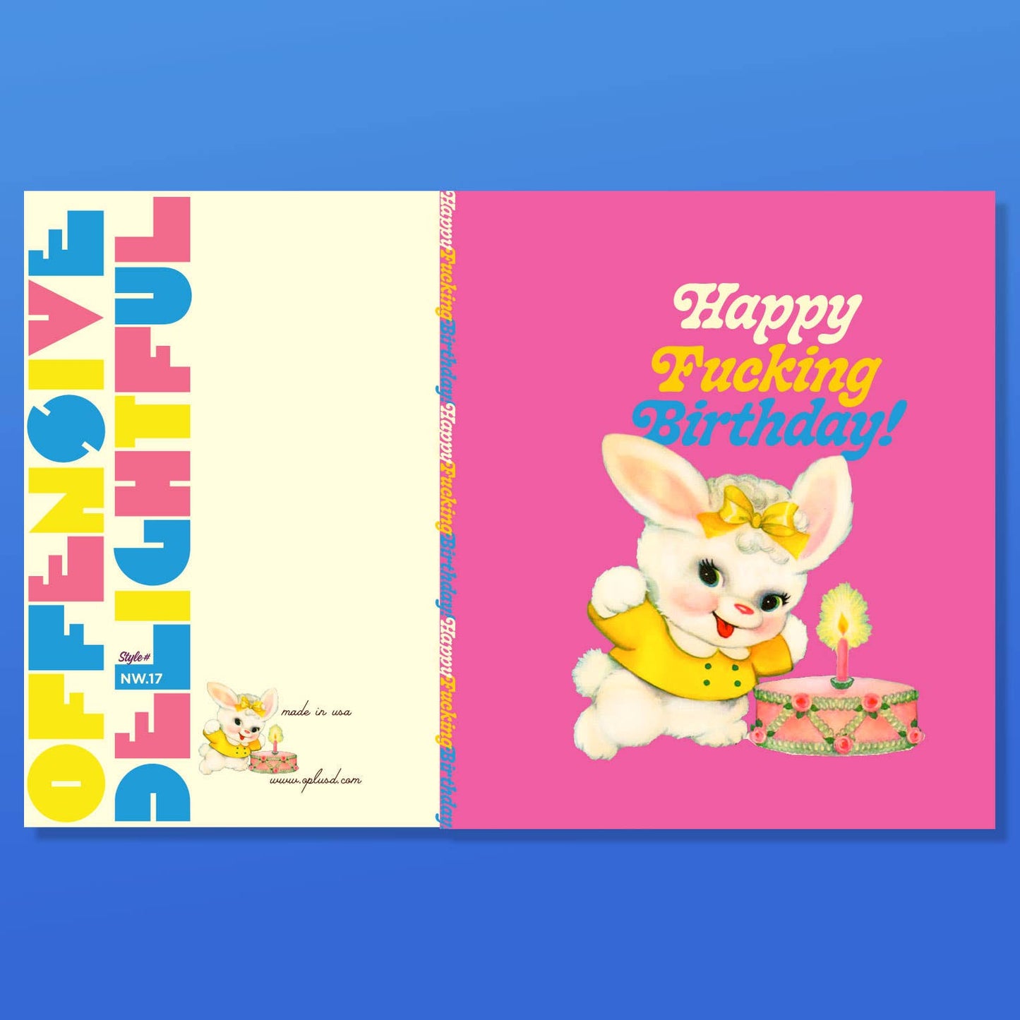 Pink Bunny “Happy F***ing Birthday!” Card | Funny Adult Birthday Greeting with Cake & Candle