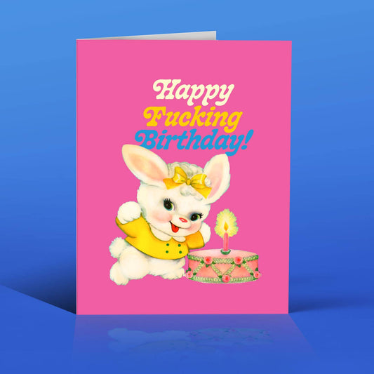 Pink Bunny “Happy F***ing Birthday!” Card | Funny Adult Birthday Greeting with Cake & Candle