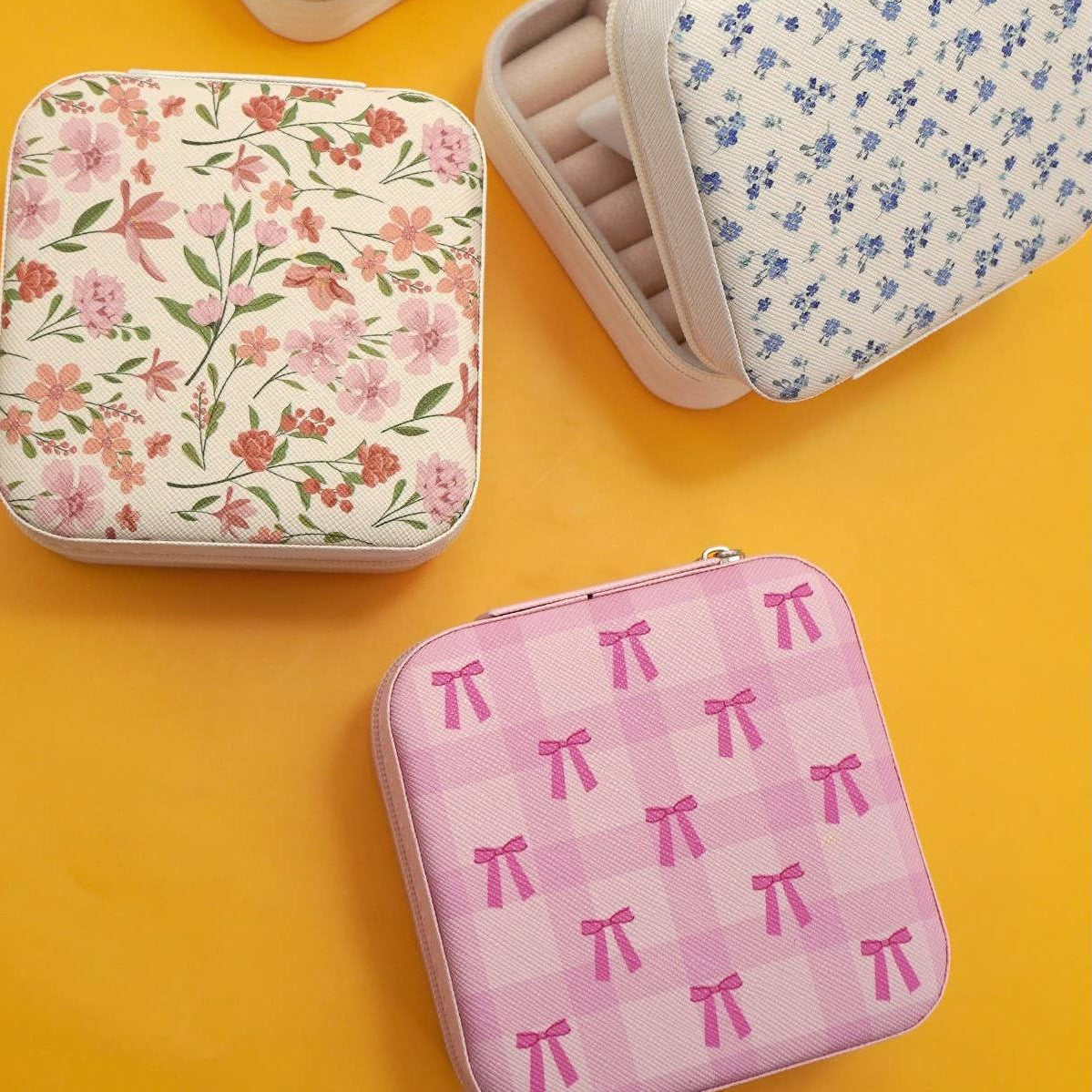 Pink Coquette Travel Jewelry Organizer | Square Zipper Case | Bow Fuchsia or Bow Light Pink-JOSSLYN by Wall to Wall-The Bullish Store