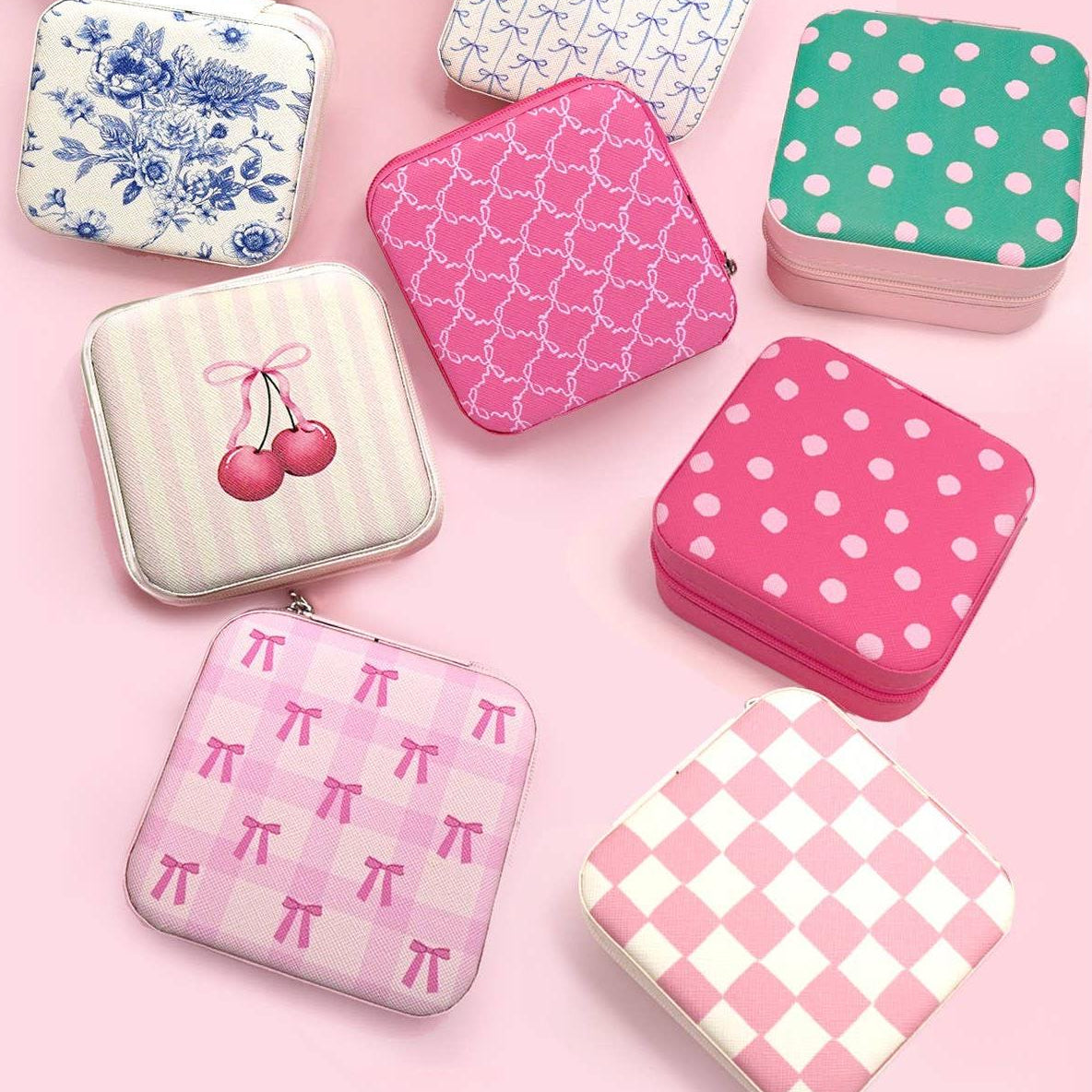 Pink Coquette Travel Jewelry Organizer | Square Zipper Case | Bow Fuchsia or Bow Light Pink-JOSSLYN by Wall to Wall-The Bullish Store