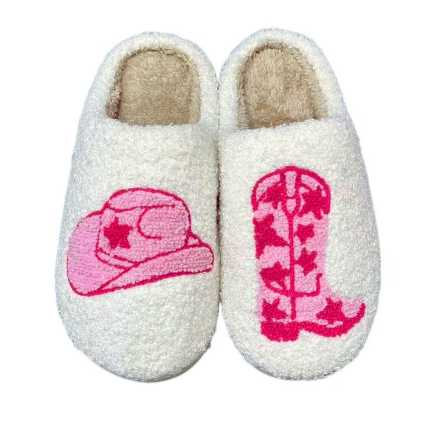 Pink Cowgirl Plush Cozy Women's Slippers | Giftable Slip-On Mules House Shoes with Hat and Boot Motif