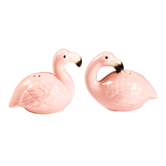 Two pink flamingo-shaped salt and pepper shakers on a white background