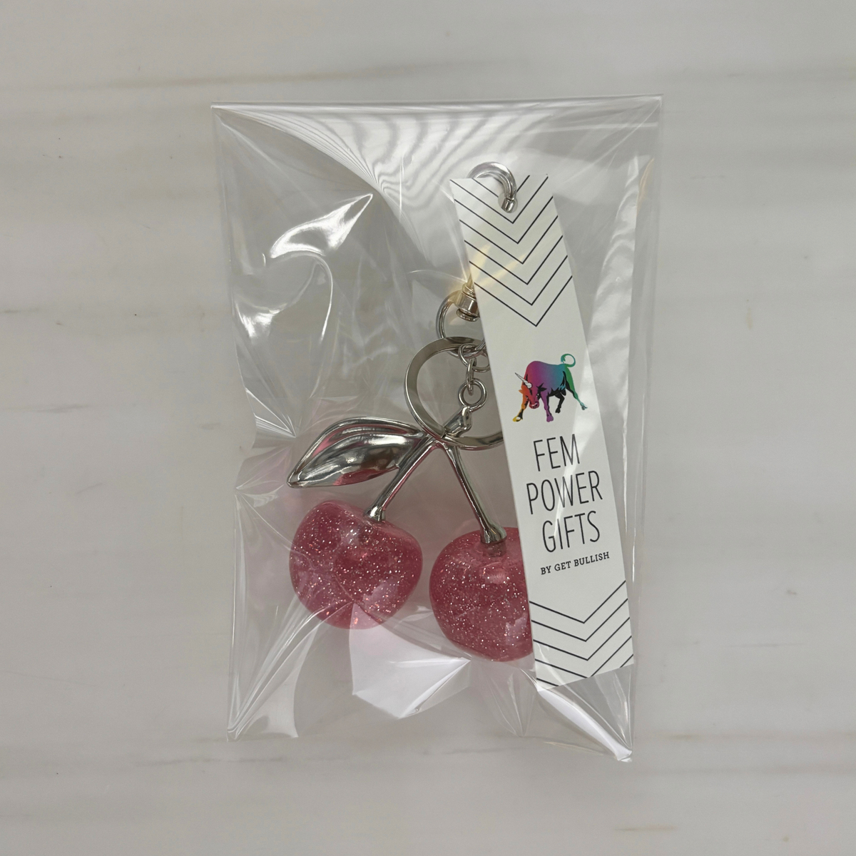Pink Glitter Cherries Bag Charm Keychain | Silver | Paper & Quartz-Paper & Quartz-The Bullish Store