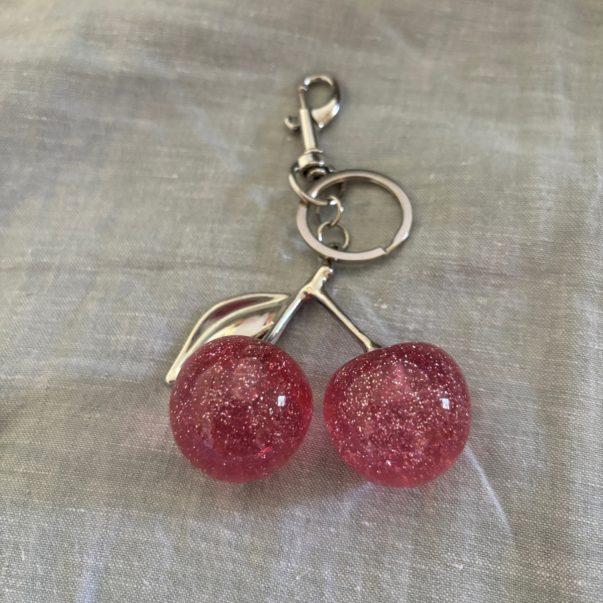 Pink Glitter Cherries Bag Charm Keychain | Silver | Paper & Quartz-Paper & Quartz-The Bullish Store