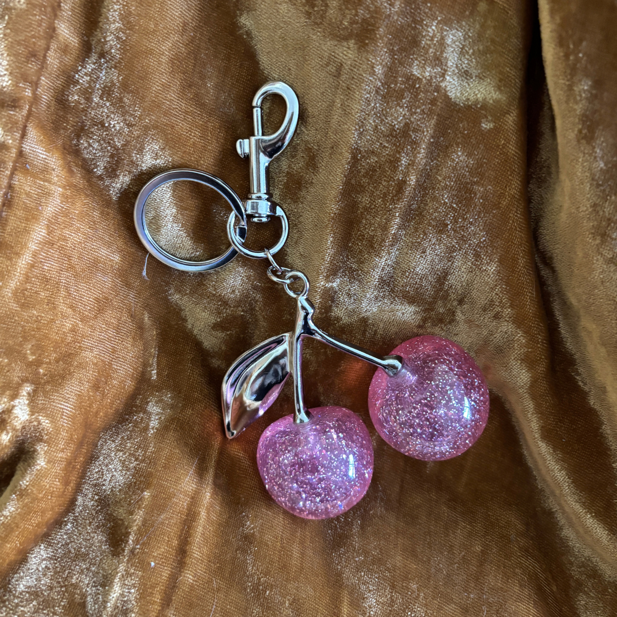 Pink Glitter Cherries Bag Charm Keychain | Silver | Paper & Quartz-Paper & Quartz-The Bullish Store