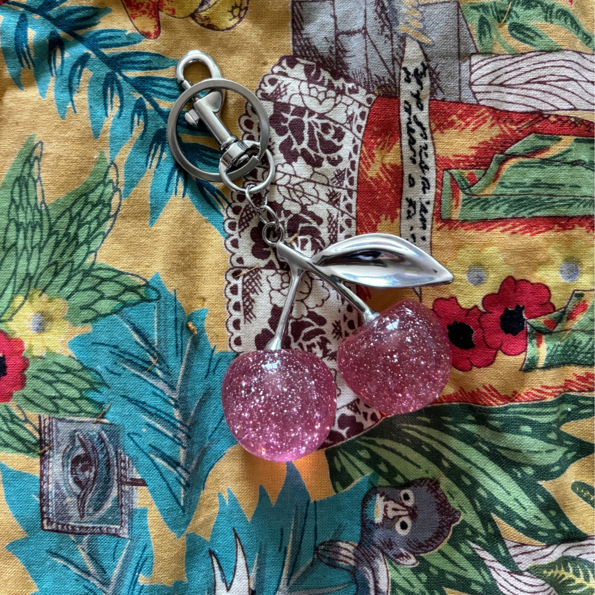 Pink Glitter Cherries Bag Charm Keychain | Silver | Paper & Quartz-Paper & Quartz-The Bullish Store