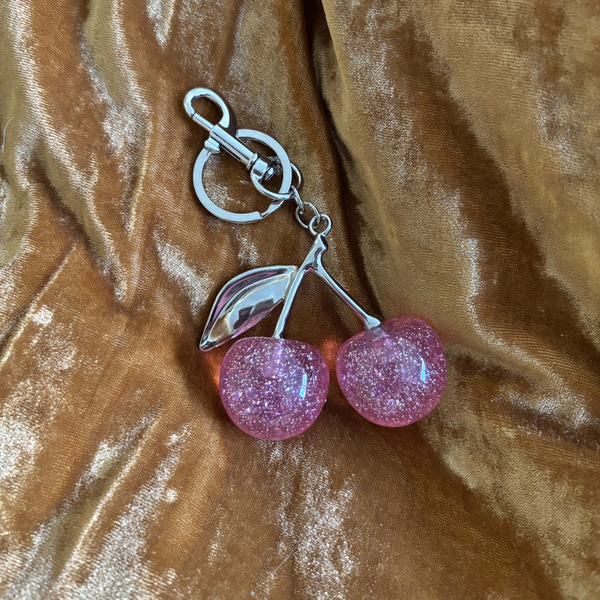Pink Glitter Cherries Bag Charm Keychain | Silver | Paper & Quartz-Paper & Quartz-The Bullish Store
