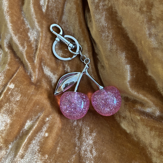 Pink Glitter Cherries Bag Charm Keychain | Silver | Paper & Quartz-Paper & Quartz-The Bullish Store