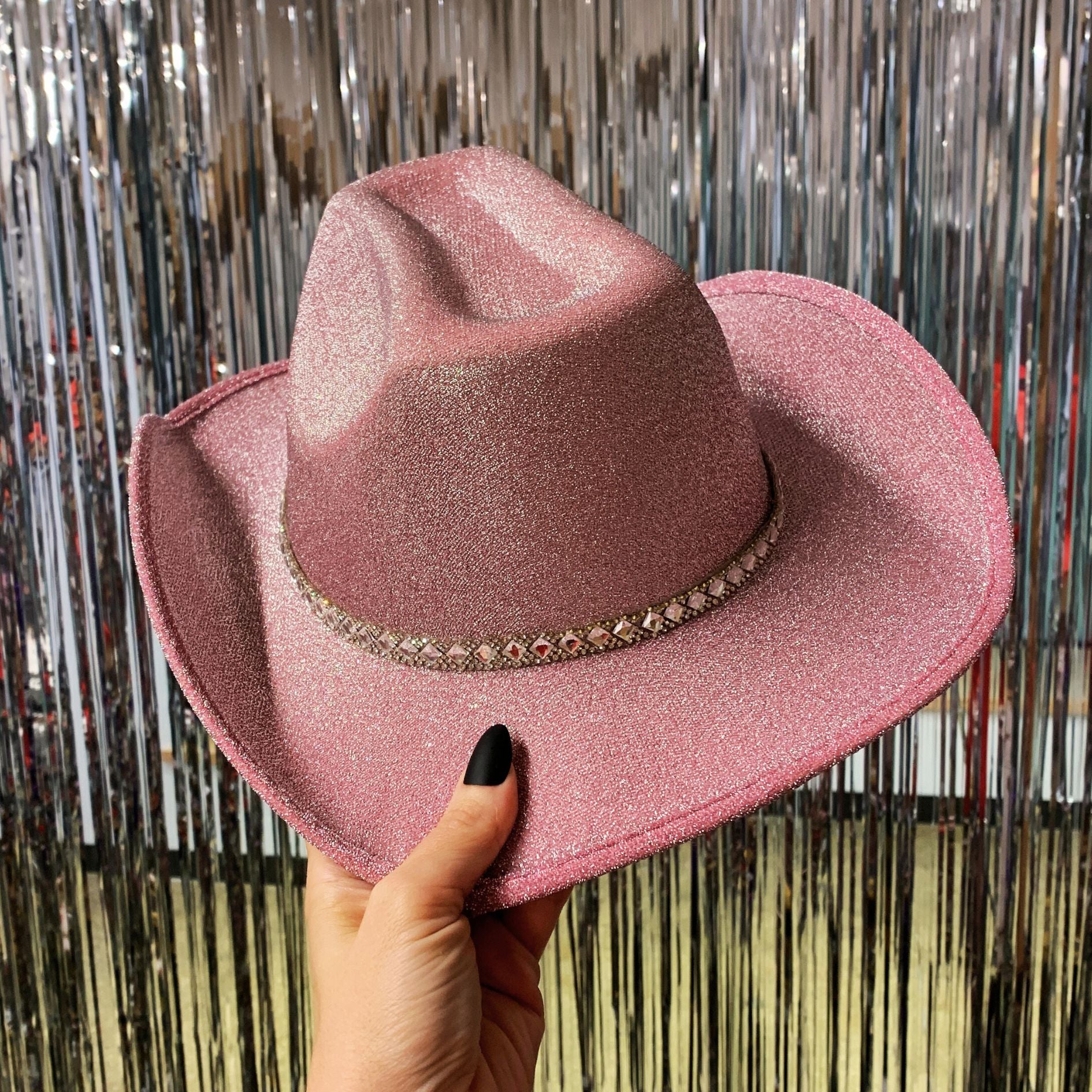 Pink Glitter Cowgirl Hat with Stone Band