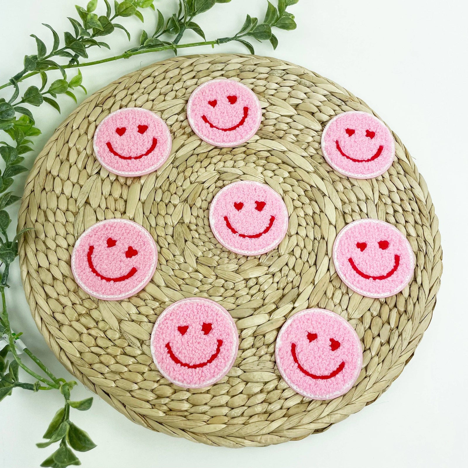 Pink Heart Eyes Smile Chenille Embroidered Iron-On Patches for Hats | Heat-seal Patches Accessories