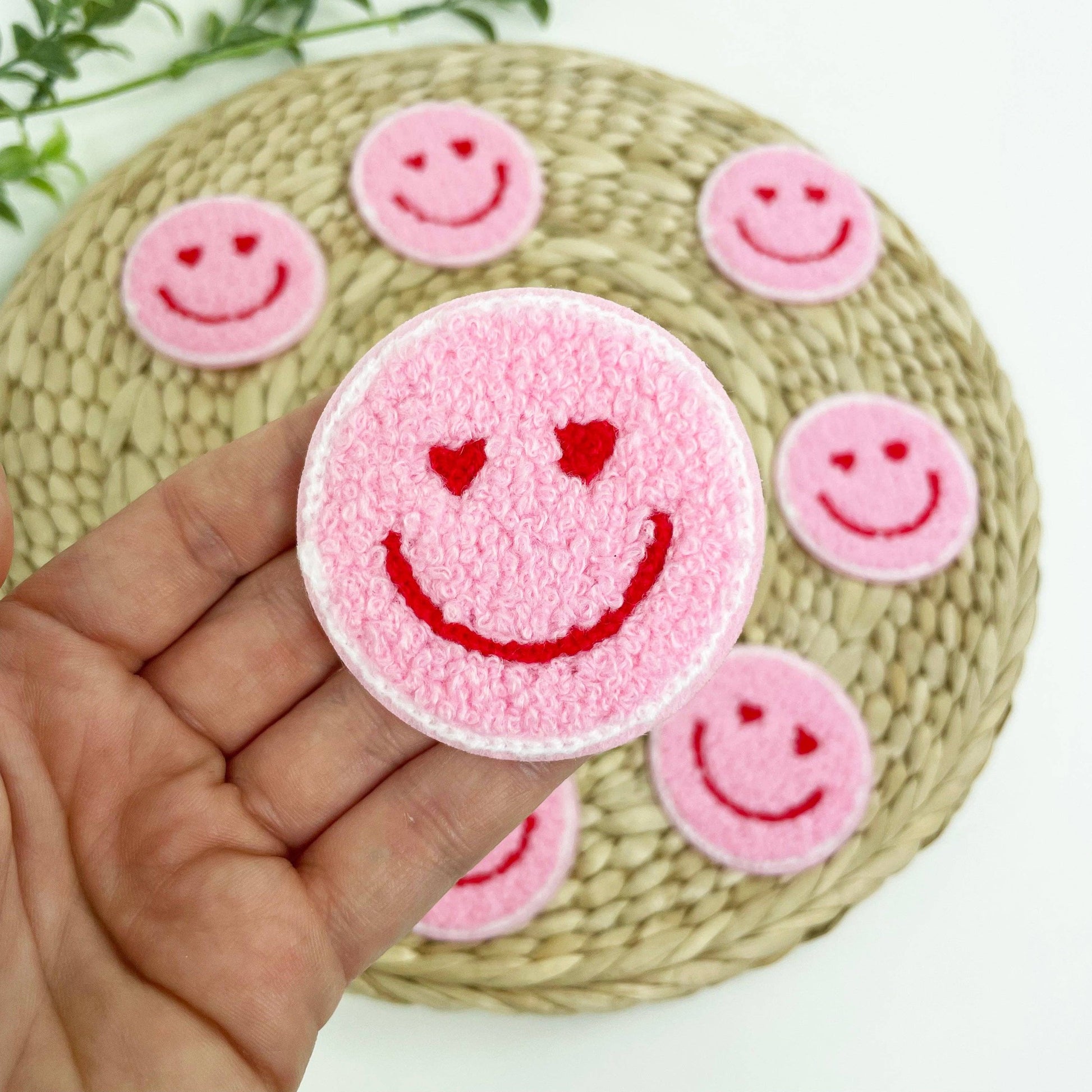 Pink Heart Eyes Smile Chenille Embroidered Iron-On Patches for Hats | Heat-seal Patches Accessories