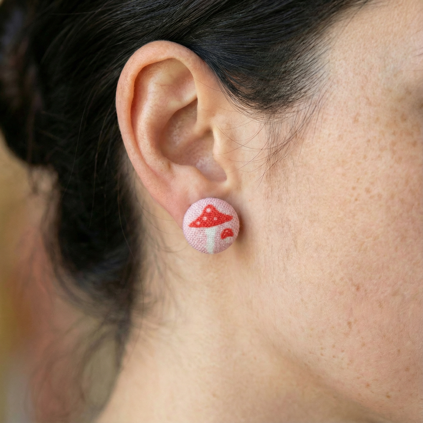 Pink Mushroom Fabric Button Earrings | Handmade in the US