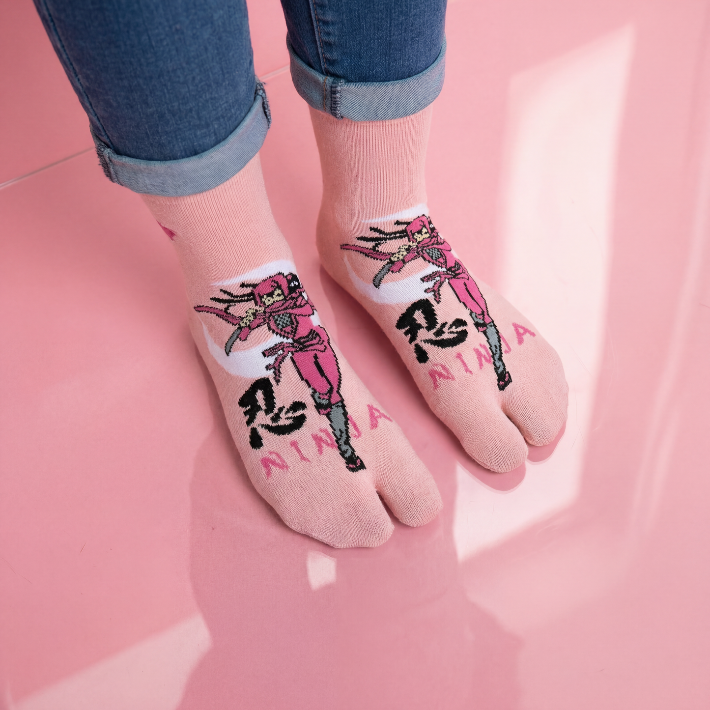 Pink Ninja Tabi Split Toe Socks | Japanese Shinobi Flip Flop Crew Socks