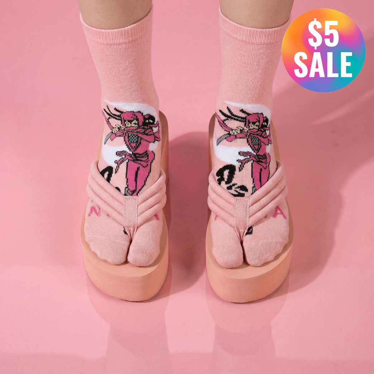 Pink Ninja Tabi Split Toe Socks | Japanese Shinobi Flip Flop Crew Socks