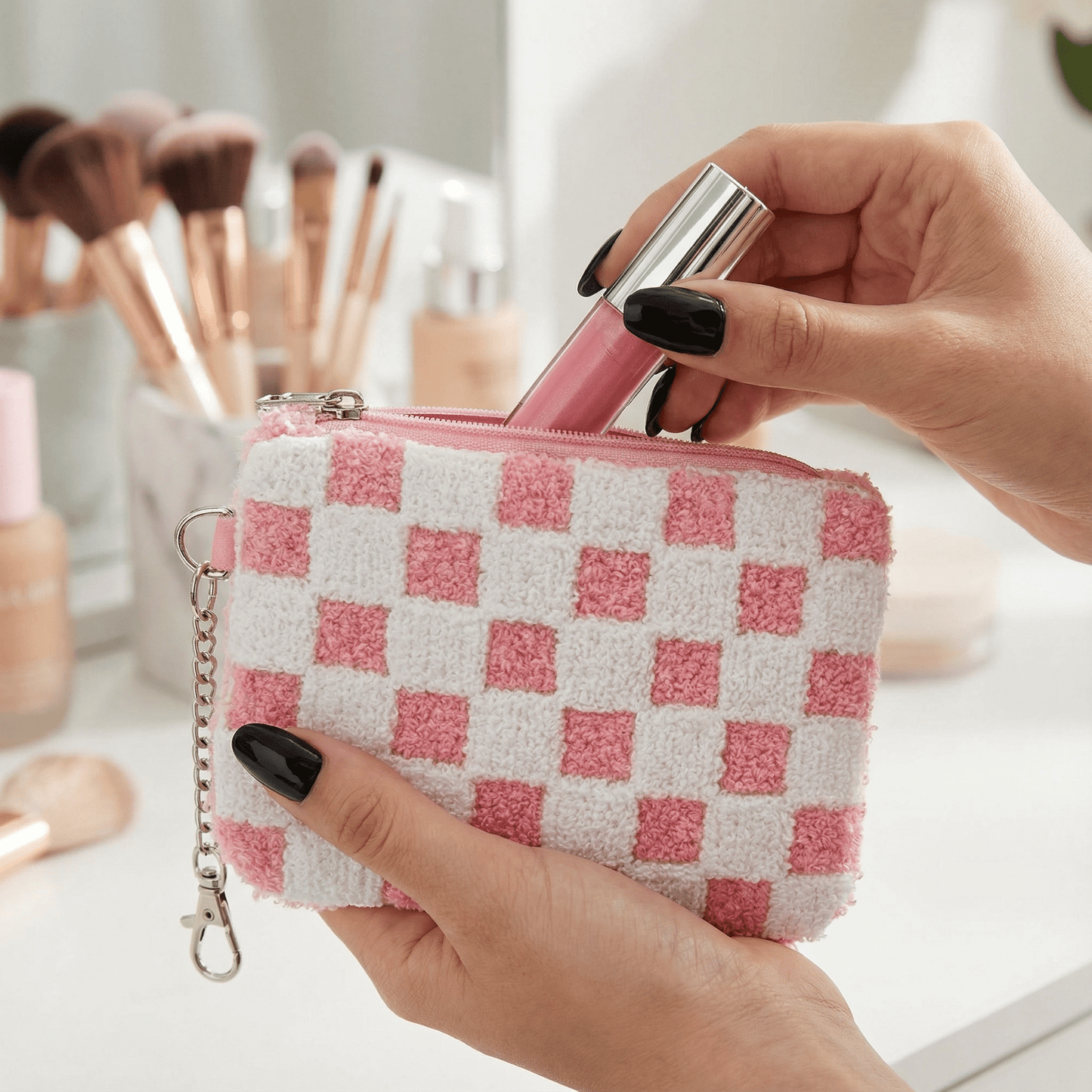 Pink & White Checkered Keychain Pouch | Cards & Cash Key Chain Wallet Purse