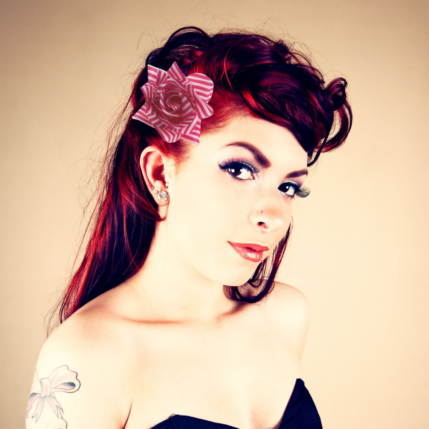 Pink & White Striped Rose Hair Clip | Retro Floral Hair Accessory