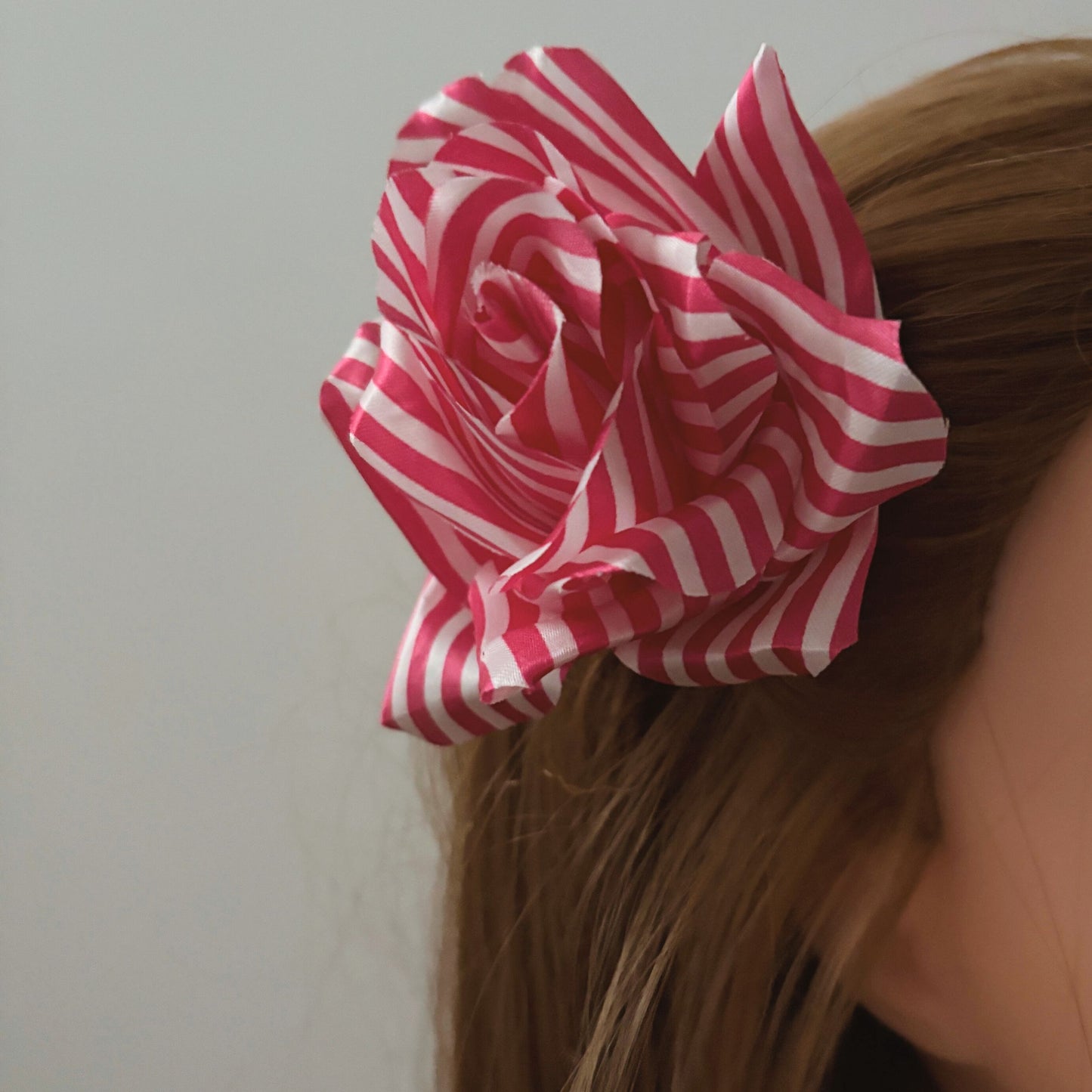 Pink & White Striped Rose Hair Clip | Retro Floral Hair Accessory