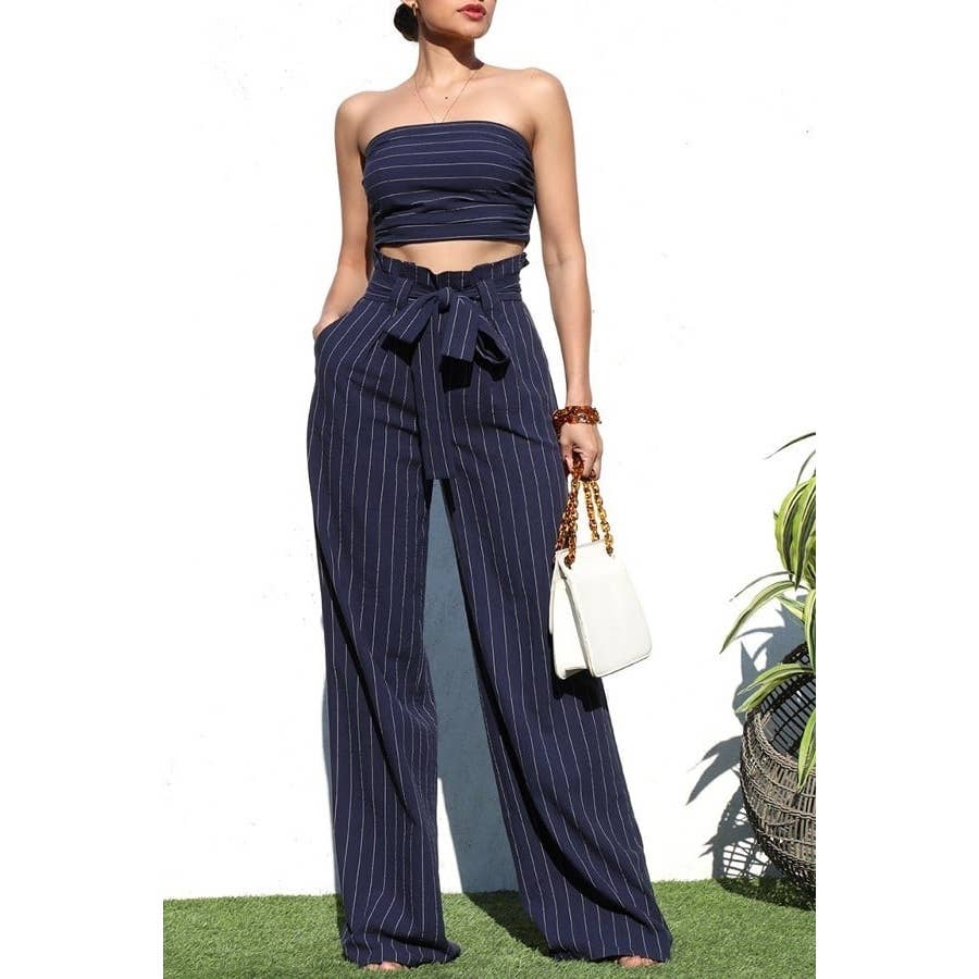 Pinstripe Smocked Top and Pants Set Ensemble in Navy [Sizes M-L]