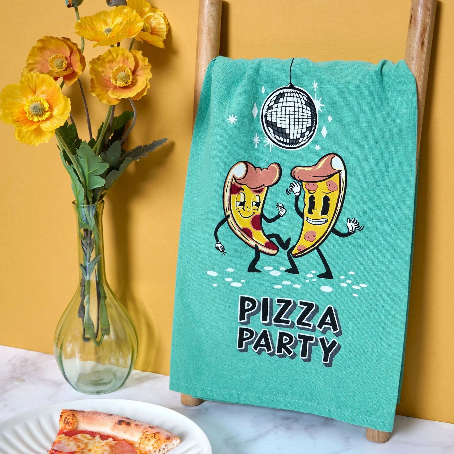 Pizza Party Kitchen Towel | Retro Disco Pizza Dish Towel | Fun Cotton Kitchen Decor Gift